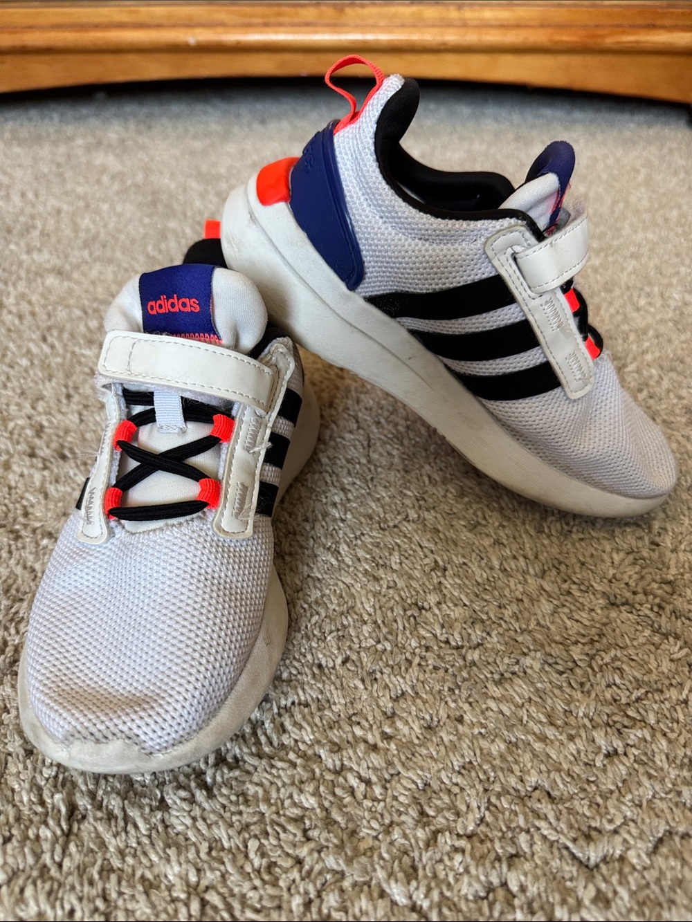 Adidas Kids White, Black, Navy Mesh Sneakers with Coral Details
